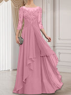 A-Linien-Kleid mit U-Boot-Ausschnitt, Illusion-Effekt, bodenlang, aus Chiffon und Spitze, mit Kaskadenrüschen – perfekt für die Mutter der Braut