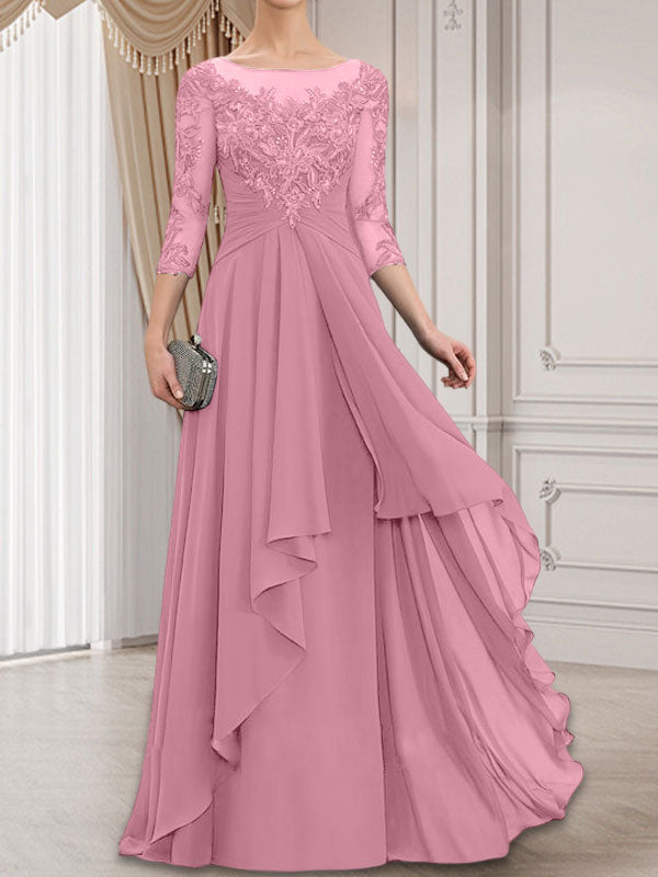 Vestido de gasa con encaje y volantes en cascada para madre de la novia, corte A, escote ilusión, largo hasta el suelo