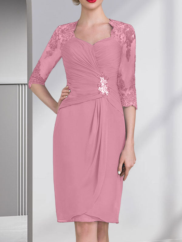 Vestido de gasa para madre de la novia, con escote en forma de corazón, largo hasta la rodilla, con apliques de cuentas, encaje y lentejuelas, plisado.