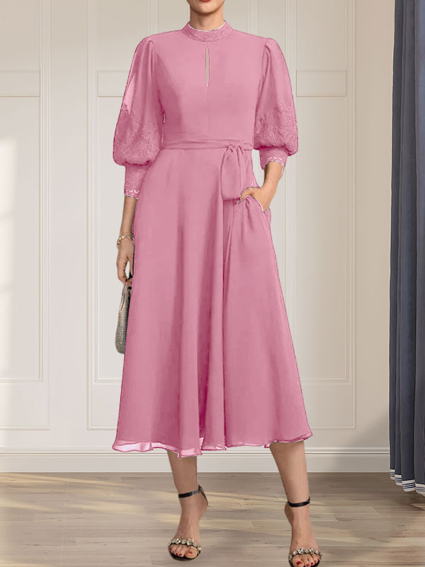 A-Linien-Kleid aus Chiffon mit hohem Kragen, Teelänge und Spitze für die Mutter der Braut, verziert mit einer Schleife