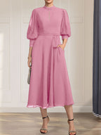 A-Linien-Kleid aus Chiffon mit hohem Kragen, Teelänge und Spitze für die Mutter der Braut, verziert mit einer Schleife