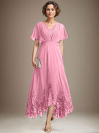 A-Linien-Kleid aus Chiffon mit asymmetrischem V-Ausschnitt und Spitze für die Mutter der Braut mit Falten