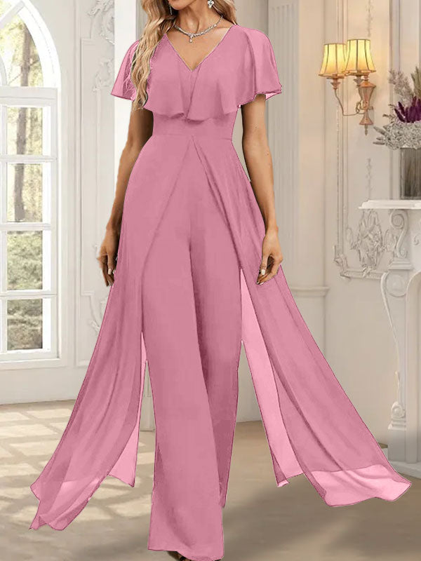 Vestido de noche de gasa con escote en V y largo hasta el suelo, tipo mono/pantalón