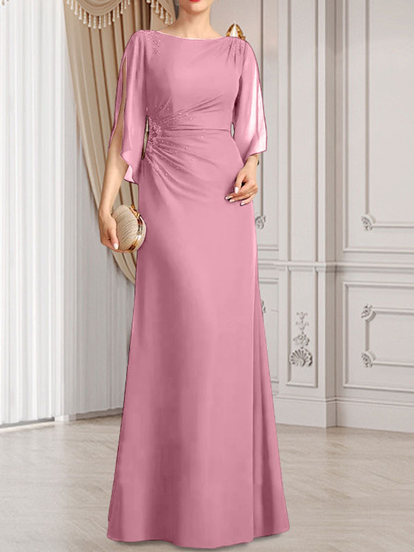 Etui-/Säulen-Chiffonkleid in Bodenlänge für die Mutter der Braut mit plissierter Perlenstickerei