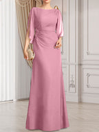 Etui-/Säulen-Chiffonkleid in Bodenlänge für die Mutter der Braut mit plissierter Perlenstickerei