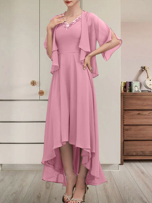 A-Linien-Kleid aus Chiffon mit V-Ausschnitt, asymmetrischem Muster und Perlen- und Paillettenbesatz für die Mutter der Braut