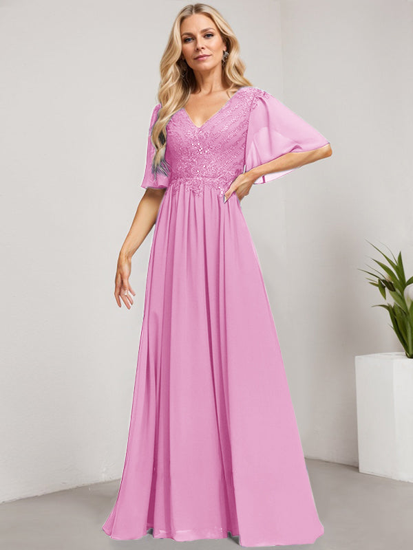 A-Linien-Kleid aus Chiffon mit V-Ausschnitt, bodenlang, mit Pailletten besetzt – ideal für die Mutter der Braut 