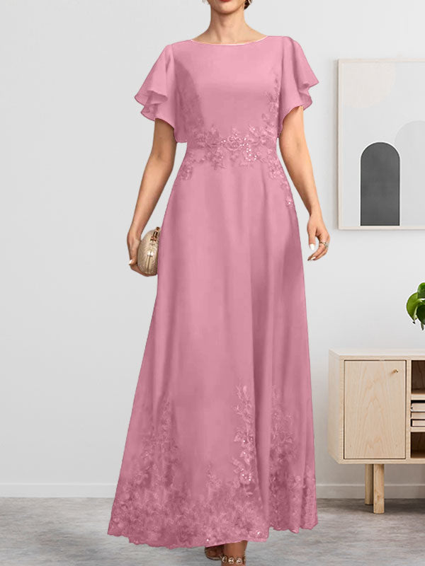 A-Linien-Kleid mit Rundhalsausschnitt, knöchellang, aus Spitze und Chiffon, mit Pailletten besetzt