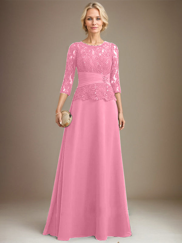 A-Linien-Kleid mit U-Boot-Ausschnitt, Illusion-Detail, bodenlang, aus Chiffonspitze, mit plissierten Pailletten und Perlenstickerei für die Mutter der Braut. 