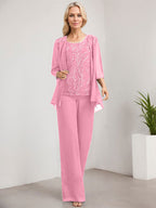 Zweiteiliger Jumpsuit/Hosenanzug, bodenlanges Chiffon-Kleid mit Spitze und Pailletten für die Mutter der Braut