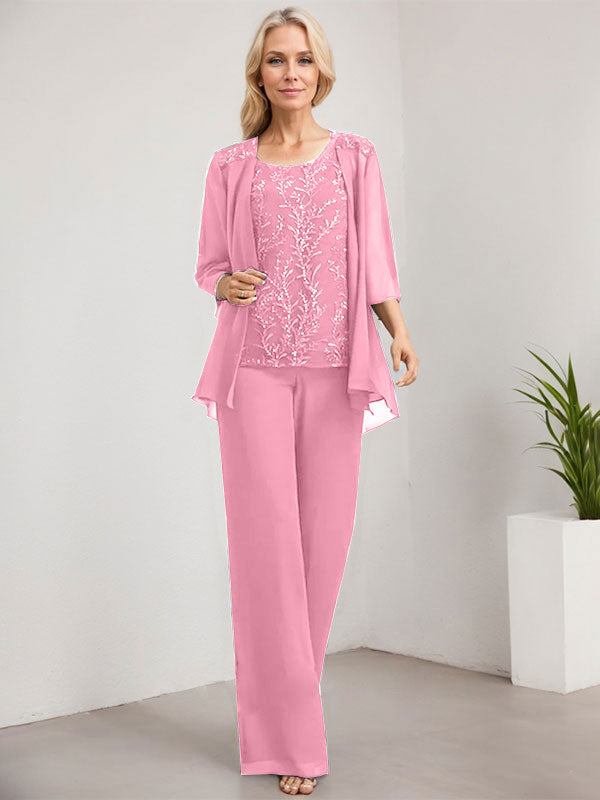 Vestido de madre de la novia de gasa con encaje y lentejuelas, con escote redondo y largo hasta el suelo, con mono/pantalón separado