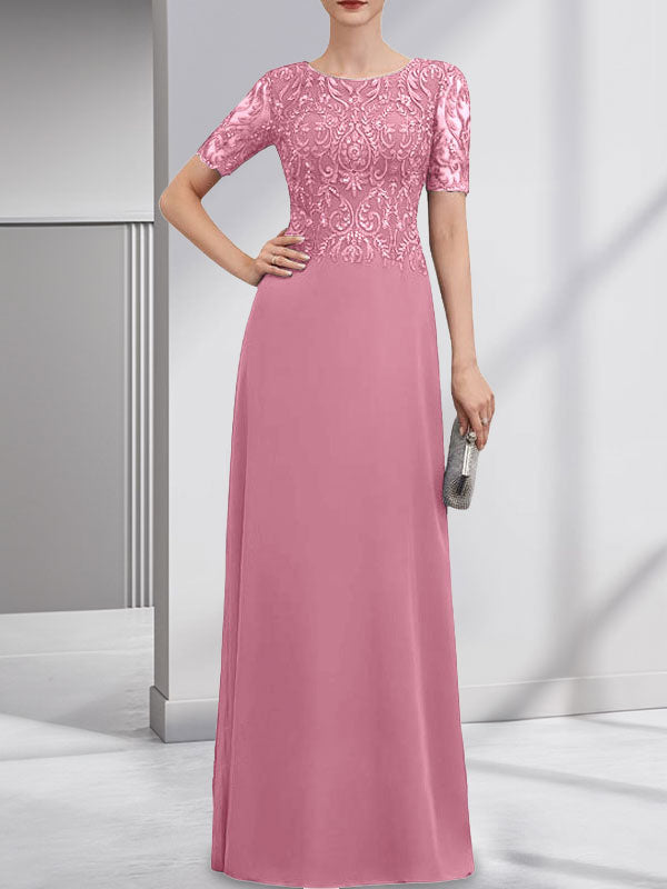 A-Linien-Kleid aus Chiffon mit Pailletten und Rundhalsausschnitt, bodenlang, für die Mutter der Braut