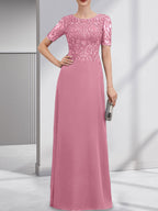 A-Linien-Kleid aus Chiffon mit Pailletten und Rundhalsausschnitt, bodenlang, für die Mutter der Braut