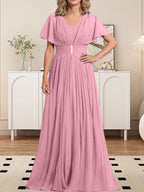 A-Linien-Chiffonkleid mit V-Ausschnitt, bodenlang, für die Mutter der Braut, mit Kristallbrosche und Falten 