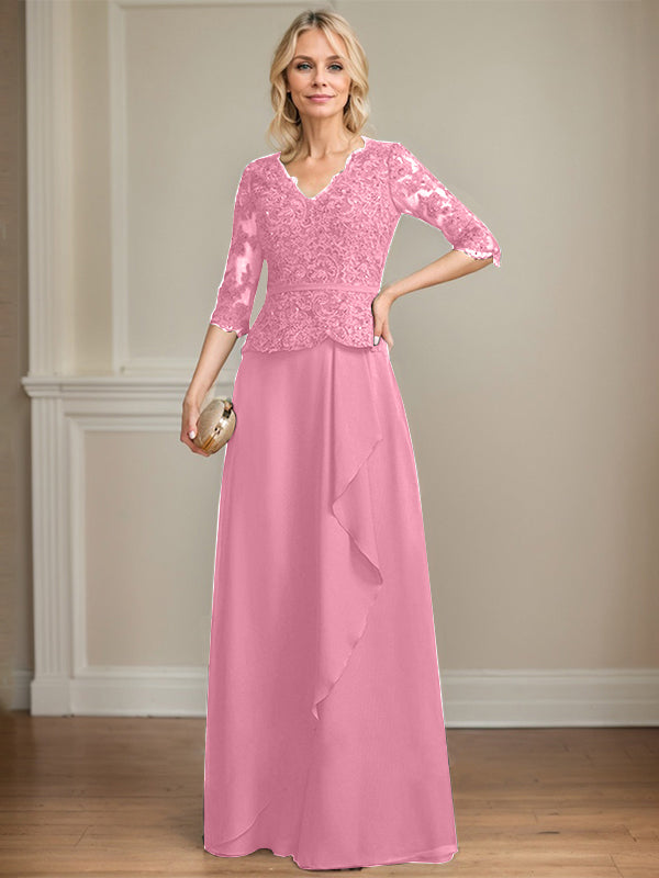 A-Linien-Kleid aus Chiffon mit V-Ausschnitt, bodenlang, mit Spitze, Kaskadenrüschen und Pailletten für die Mutter der Braut 