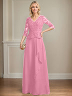 A-Linien-Kleid aus Chiffon mit V-Ausschnitt, bodenlang, mit Spitze, Kaskadenrüschen und Pailletten für die Mutter der Braut 