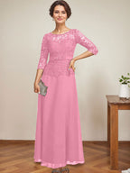 A-Linien-Kleid mit U-Boot-Ausschnitt, Illusion-Detail, knöchellang, aus Chiffon und Spitze mit Strassperlen für die Mutter der Braut. 