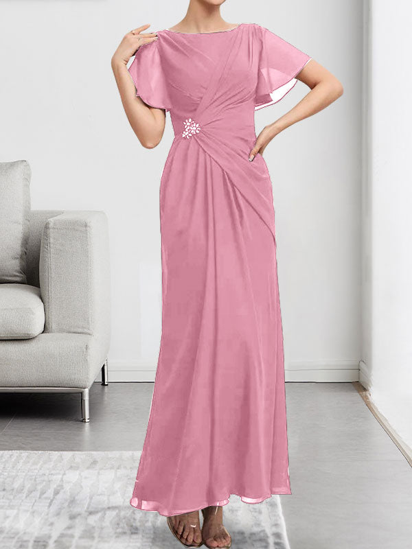 A-Linien-Chiffonkleid mit Rundhalsausschnitt, knöchellang, mit Perlenstickerei und Falten für die Mutter der Braut