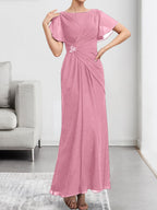 A-Linien-Chiffonkleid mit Rundhalsausschnitt, knöchellang, mit Perlenstickerei und Falten für die Mutter der Braut
