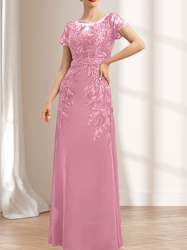 Vestido de gasa con encaje y lentejuelas para madre de la novia, largo hasta el suelo, con escote redondo e ilusión