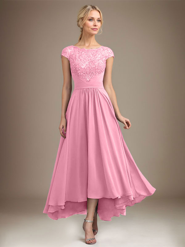 A-Linien-Kleid aus Chiffon mit asymmetrischem, plissiertem Spitzeneinsatz und Illusion-Ausschnitt für die Mutter der Braut 