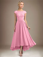 A-Linien-Kleid aus Chiffon mit asymmetrischem, plissiertem Spitzeneinsatz und Illusion-Ausschnitt für die Mutter der Braut 