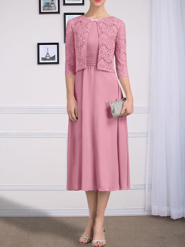 Vestido de gasa para madre de la novia, corte A, escote redondo, largo hasta la rodilla, con pliegues