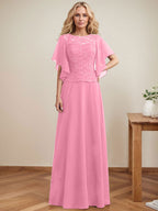 A-Linien-Kleid mit Rundhalsausschnitt, Illusion-Effekt, bodenlang, aus Chiffon und Spitze mit Pailletten – das perfekte Brautmutterkleid 