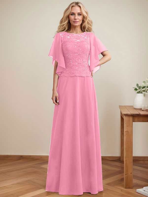 Vestido de madre de la novia de gasa con encaje, ilusión, largo hasta el suelo, corte A y lentejuelas 