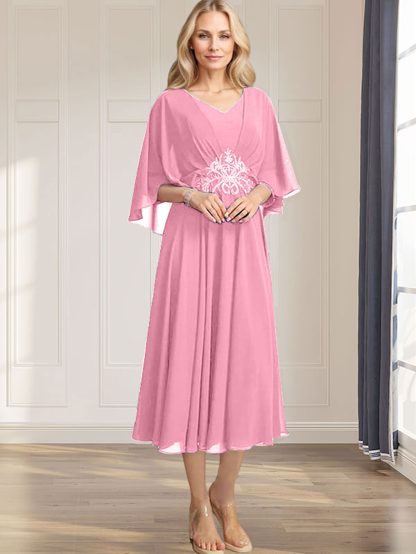 A-Linien-Kleid aus Chiffon mit V-Ausschnitt, Teelänge, plissierten Paillettenapplikationen und Perlenstickerei für die Mutter der Braut 