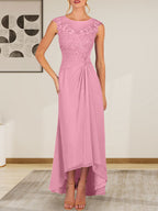 Champagnerfarbenes A-Linien-Chiffonkleid mit Rundhalsausschnitt und Spitze