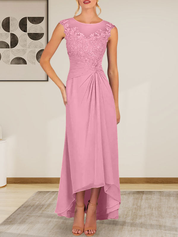 Vestido de gasa con encaje y escote redondo en forma de A color champán