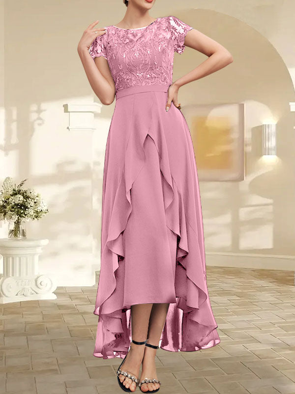 A-Linien-Kleid mit asymmetrischem Chiffon-Spitzenausschnitt, Schleife, Rüschen und Pailletten für die Mutter der Braut 