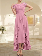A-Linien-Kleid mit asymmetrischem Chiffon-Spitzenausschnitt, Schleife, Rüschen und Pailletten für die Mutter der Braut 