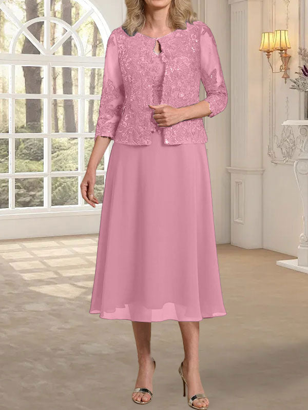 Vestido de gasa con encaje y lentejuelas para madre de la novia, corte A, escote redondo y largo hasta la rodilla 