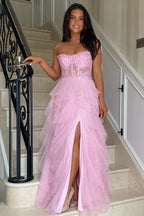 Vestidos largos de baile con aberturas, de línea A, con volantes, encaje y apliques de corsé