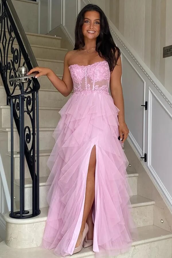Vestidos largos de baile con aberturas, de línea A, con volantes, encaje y apliques de corsé