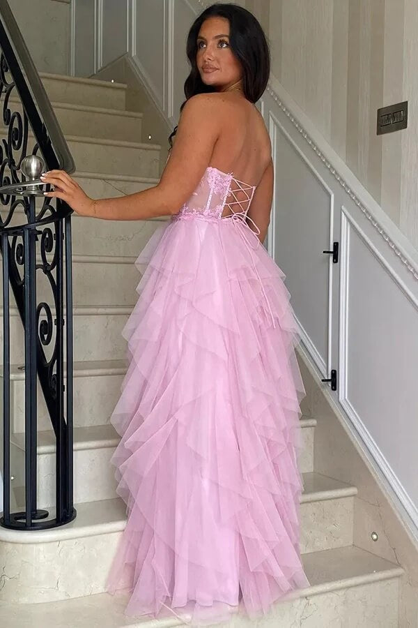 Vestidos largos de baile con aberturas, de línea A, con volantes, encaje y apliques de corsé