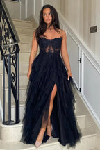 Vestidos largos de baile con aberturas, de línea A, con volantes, encaje y apliques de corsé