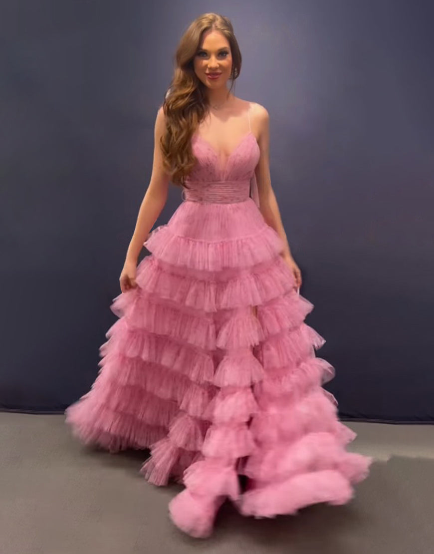 Rosa A-Linien-Abendkleid mit Spaghettiträgern, offenem Rücken und Stufenrock