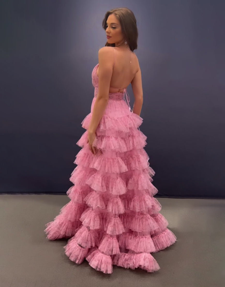 Rosa A-Linien-Abendkleid mit Spaghettiträgern, offenem Rücken und Stufenrock