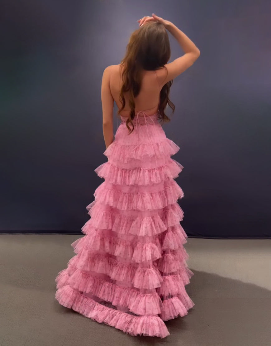 Rosa A-Linien-Abendkleid mit Spaghettiträgern, offenem Rücken und Stufenrock