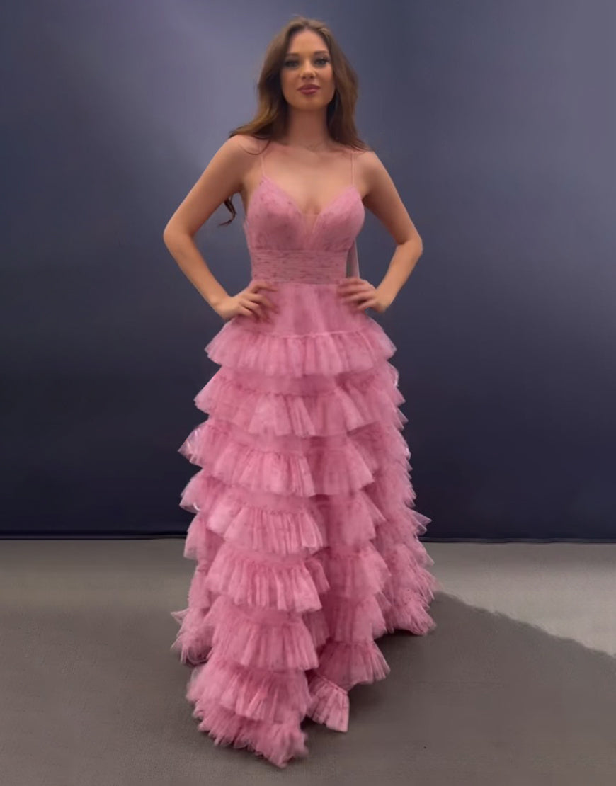 Rosa A-Linien-Abendkleid mit Spaghettiträgern, offenem Rücken und Stufenrock