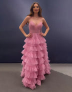 Rosa A-Linien-Abendkleid mit Spaghettiträgern, offenem Rücken und Stufenrock