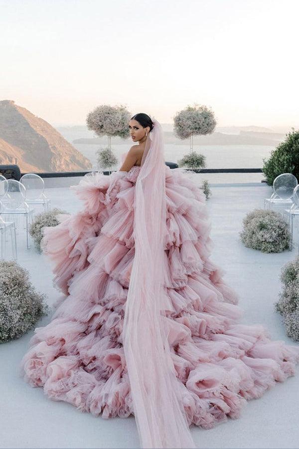 Rosa Lagen-Tüllballkleid mit geradem Ausschnitt, Brautkleider