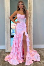 Satin Layered Scoop Pleated Mermaid Long Prom Dresses With Slit