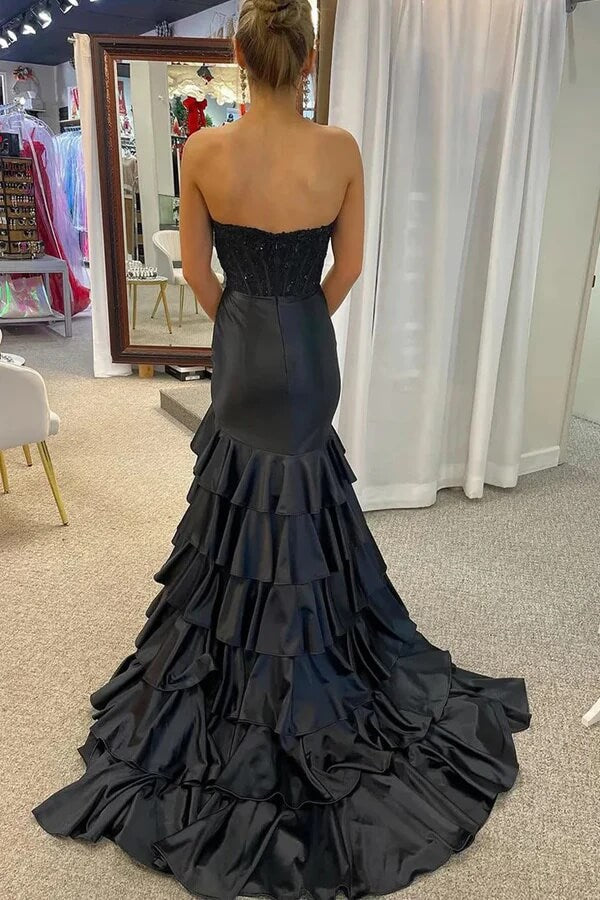 Satin Layered Scoop Pleated Mermaid Long Prom Dresses With Slit