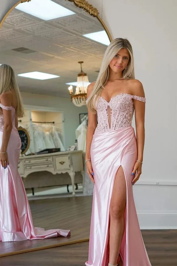 Satin Mermaid Off-the-Shoulder Prom Dresses With Lace Appliques