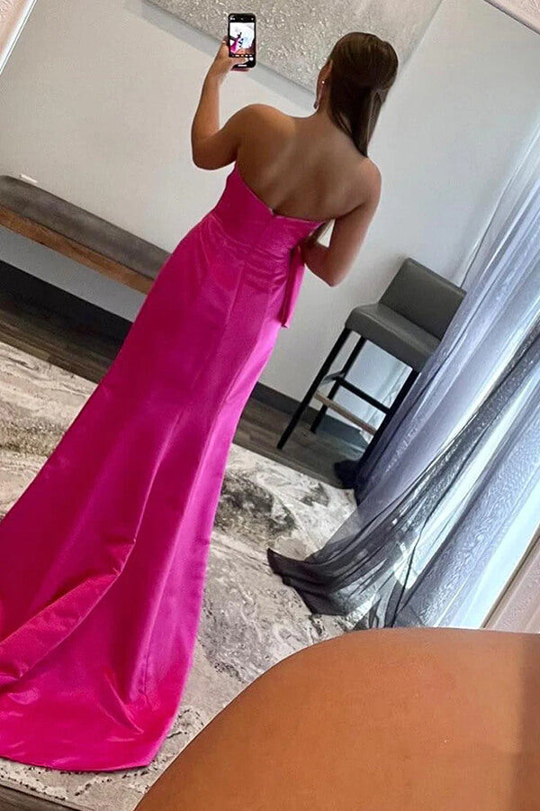 Satin Sheath Strapless Floor Length Prom Dresses With Bowknot