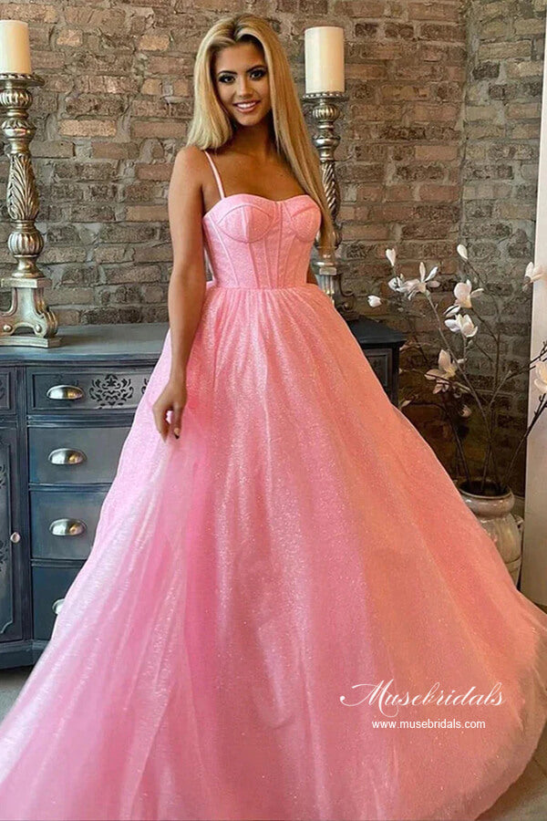 Shiny Tulle A-line Spaghetti Straps Sweetheart Long Prom Dresses